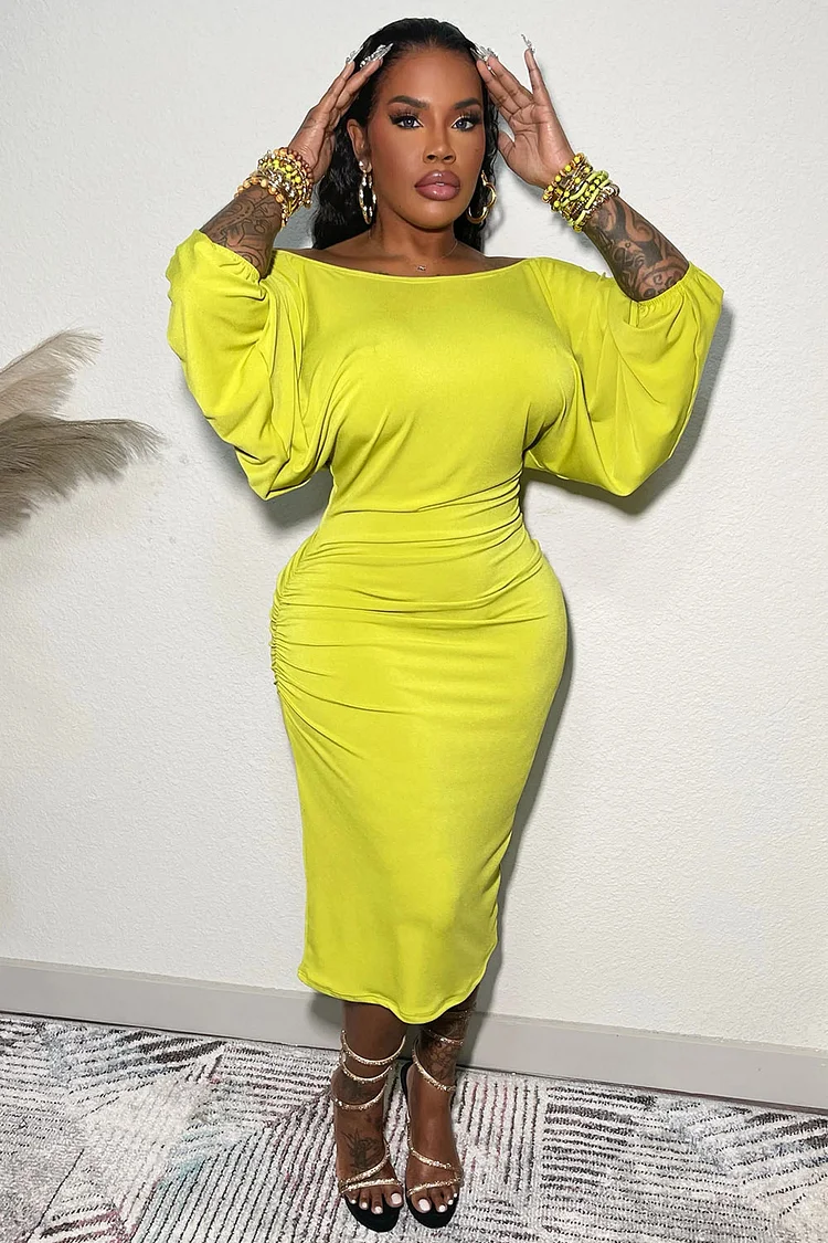 Off Shoulder 3/4 Bell Sleeve Slim-Fit Daily Midi Dresses-Yellow [Pre Order]
