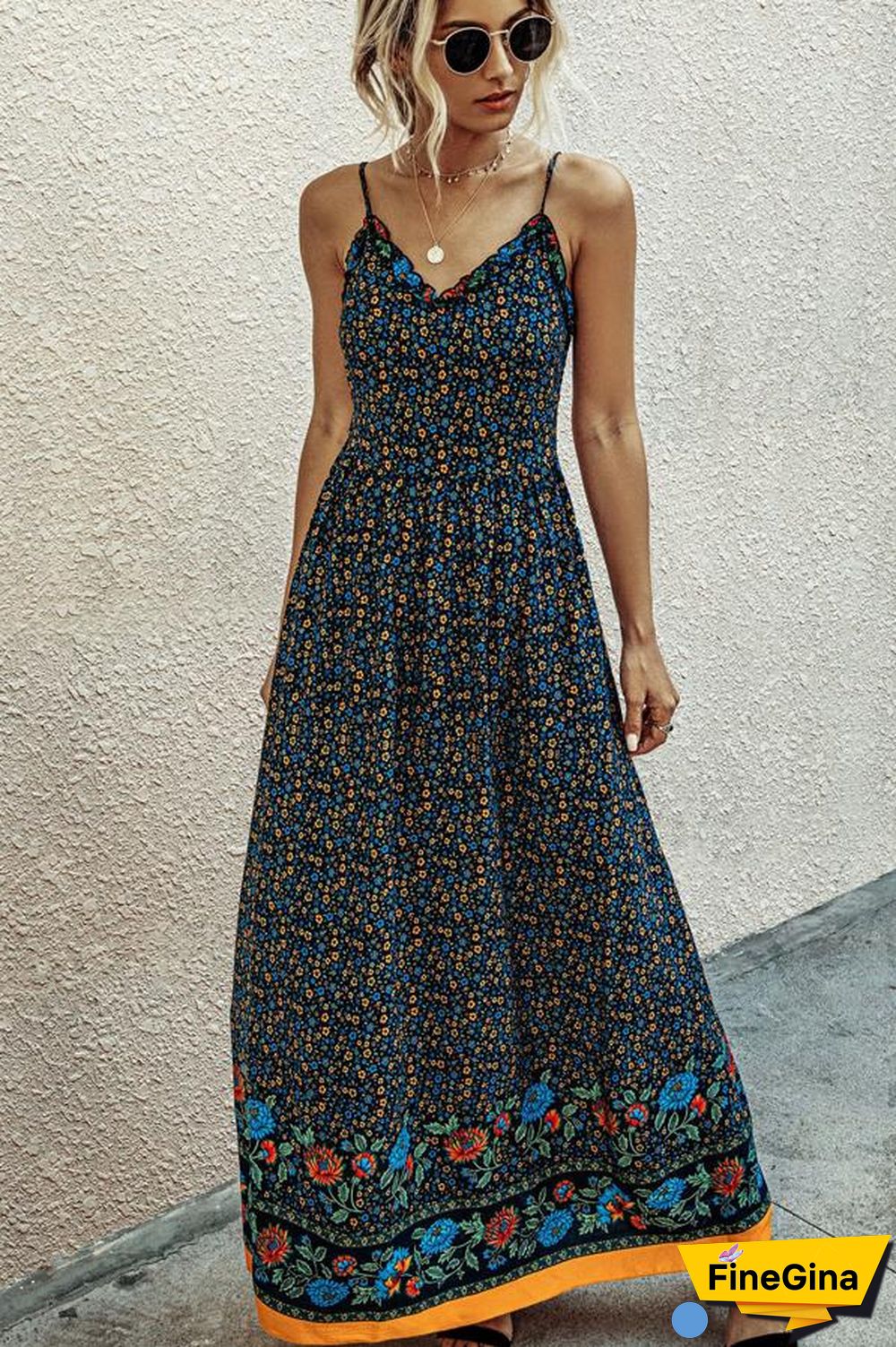 Fashion V Neck Print  Backless Maxi Dress