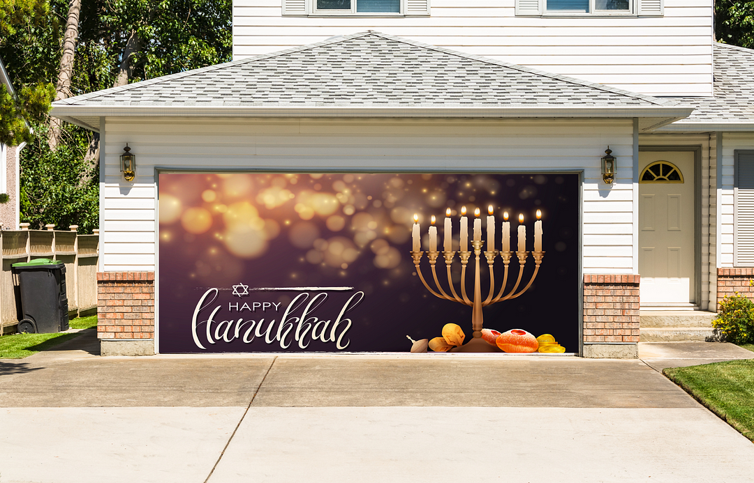 Happy Hanukkah Jewish Holiday With Candles Garage Door Cover