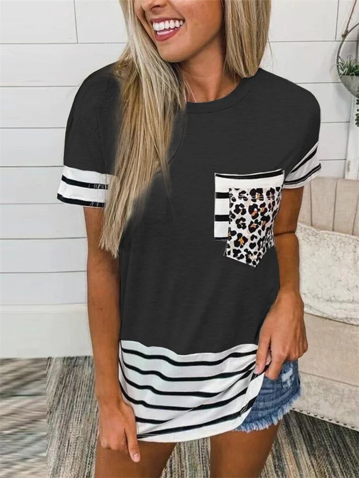 Summer Women's Leopard Stitching Striped Pocket Round Neck Short-sleeved T-shirt Tops Women-Hoverseek