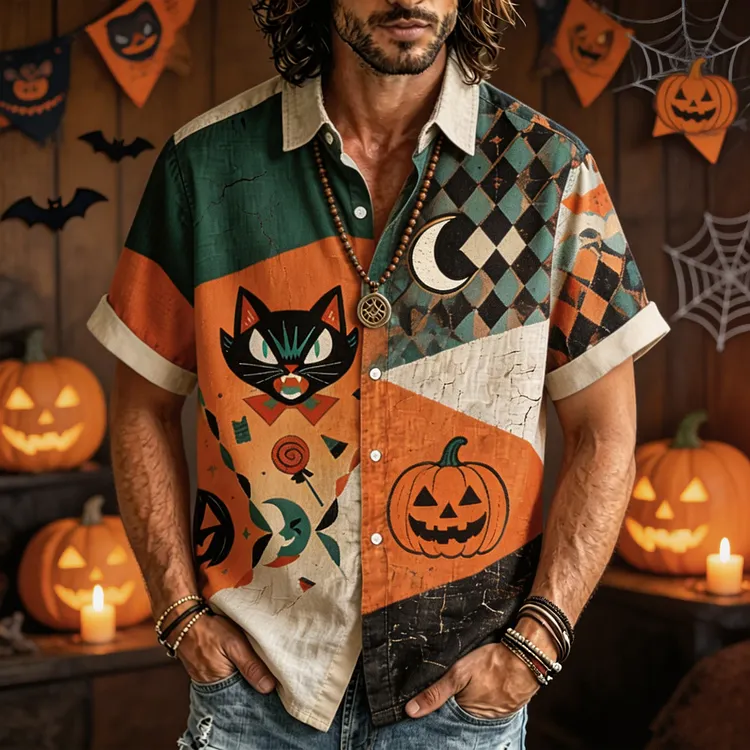 Men's Retro Halloween Black Cat Pumpkin Print Patchwork Button Casual Top