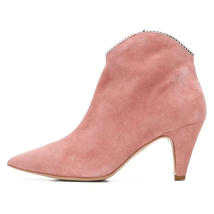 Pink Vegan Suede Zipper Pointy Toe Cone Heel Ankle Boots |FSJ Shoes