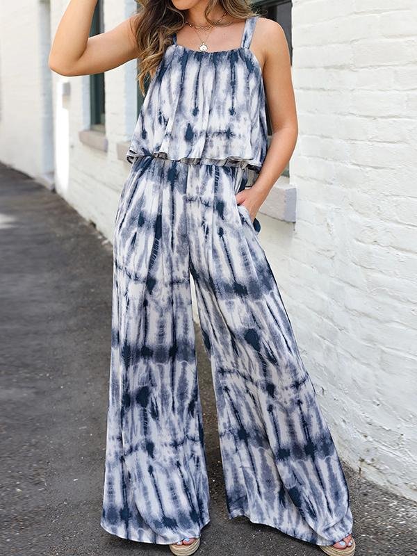Ladies Bohemian Tie-Dye Printed Sling Casual Wide Leg Pants Set-3color，4size-Mayoulove