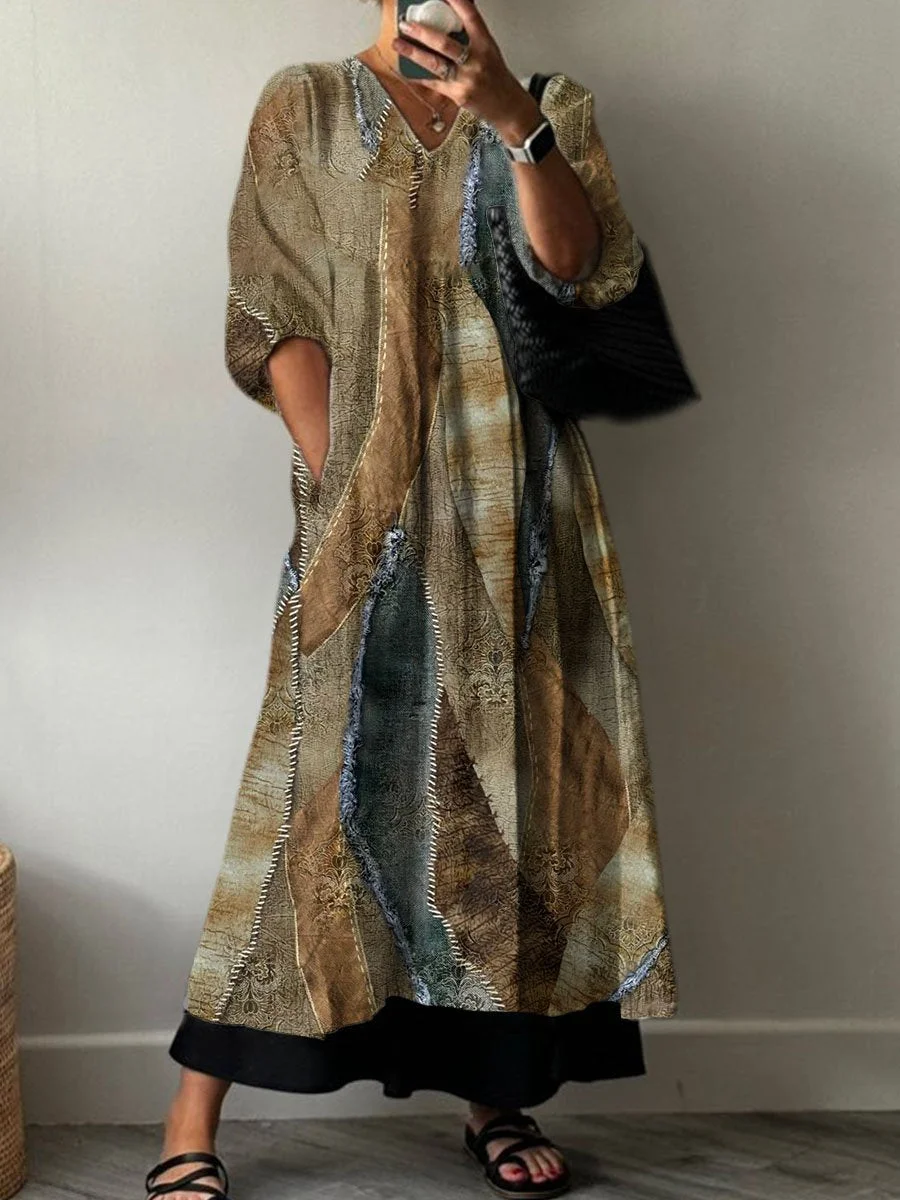 Women's  Boho Retro  Print Pocket V-neck Cotton Dress