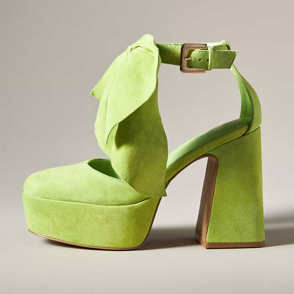 Lime Green Vegan Suede Platform Heels Ankle Strap Bow Pumps for Women