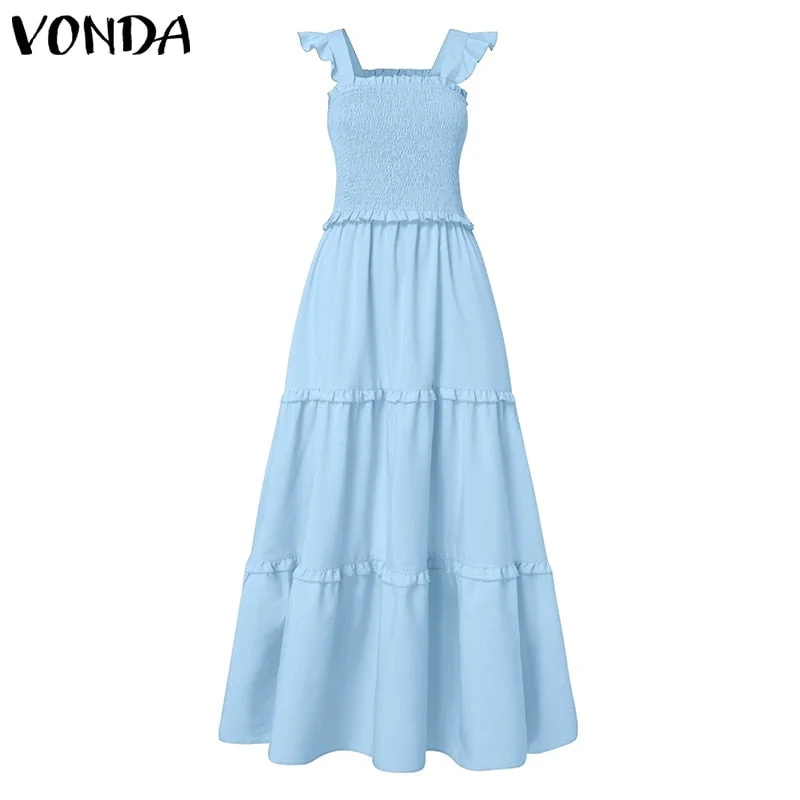 Women Ruffled Dress Summer Party Long Maxi Dresses 2022 VONDA Casual Solid Color Sleeveless Lace Pleated Vestido  S-