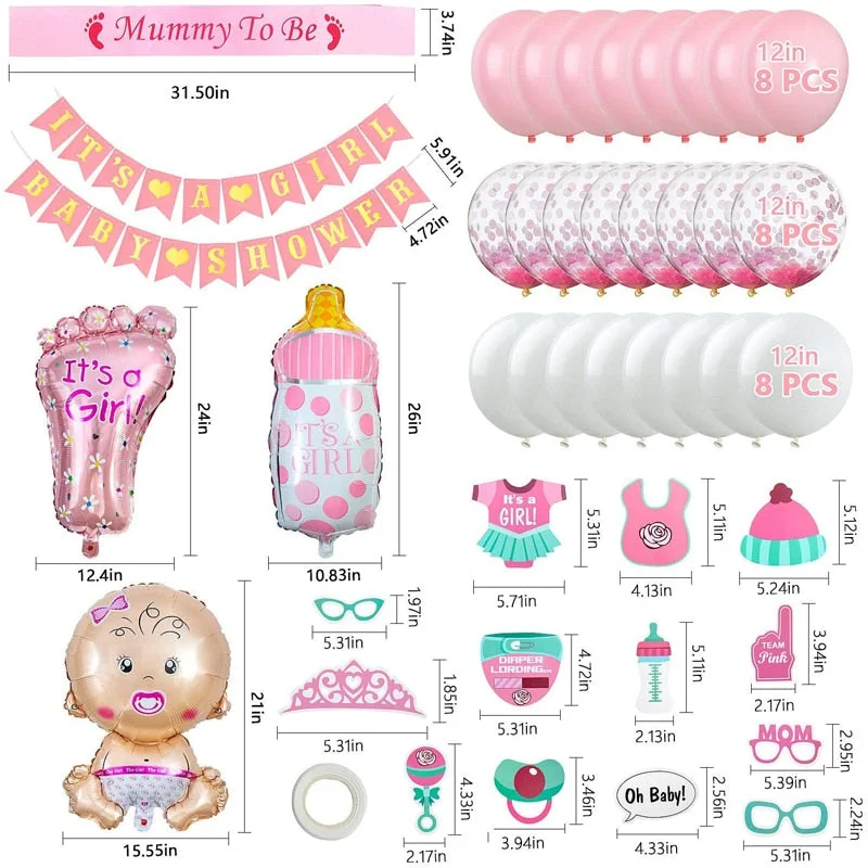 Cifeeo 56Pcs/Set Baby Shower Girl Party Decorations Its A Girl Banner Mummy To Be Shoulder Strap Photo Props Baby Shower Balloon