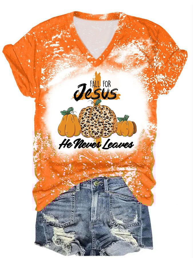 Women's Casual Fall For Jesus He Never Leaves Print Short Sleeve T-Shirt