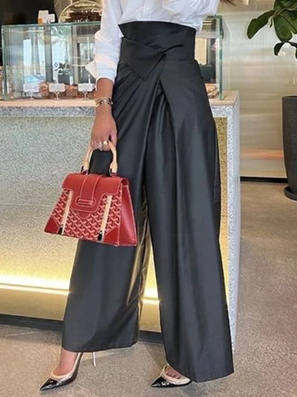 High Waisted Wide Leg Asymmetric Pleated Solid Color Split-Joint Pants Trousers