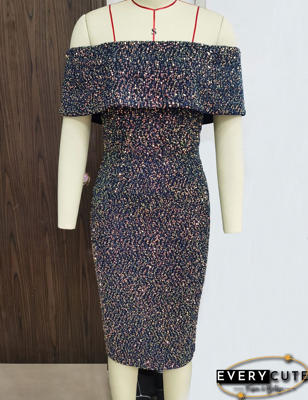 Navy Blue Sequined Off Shoulder A Line Pencil Dress