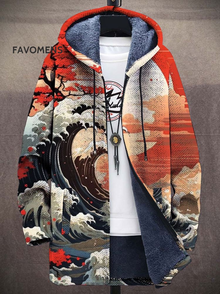 Japanese Art Print Plush Thick Long-Sleeved Sweater Cardigan Coat As Picture / S