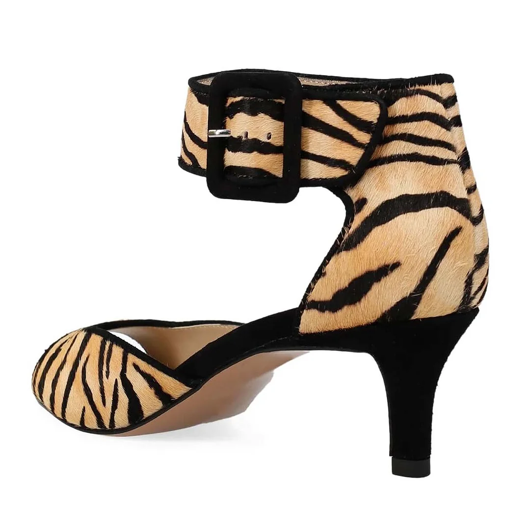 Peep Toe Tiger Print Buckled Ankle Strap Low Heel Sandals