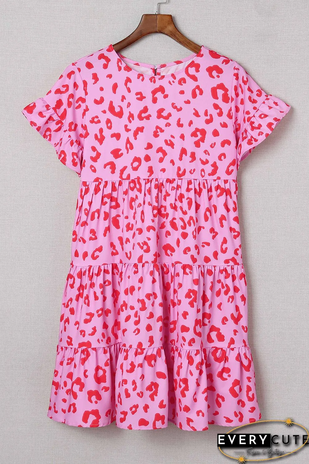 Pink Leopard Print Ruffle Short Sleeve Tiered Dress