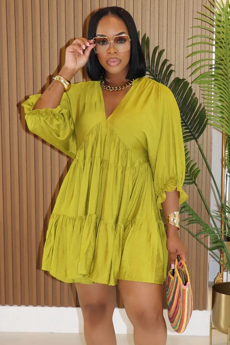 V Neck 3/4 Bell Sleeve Tiered Quilted Mini Swing Dresses-Green [Pre Order]