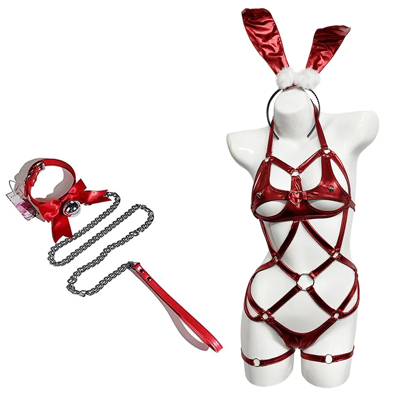 Billionm Women Bunny Cosplay Costumes Hollow Out Full Body Harness Leather Lingerie Halter Neck Bondage Body Cage Erotic Bodysuit 2021NEW