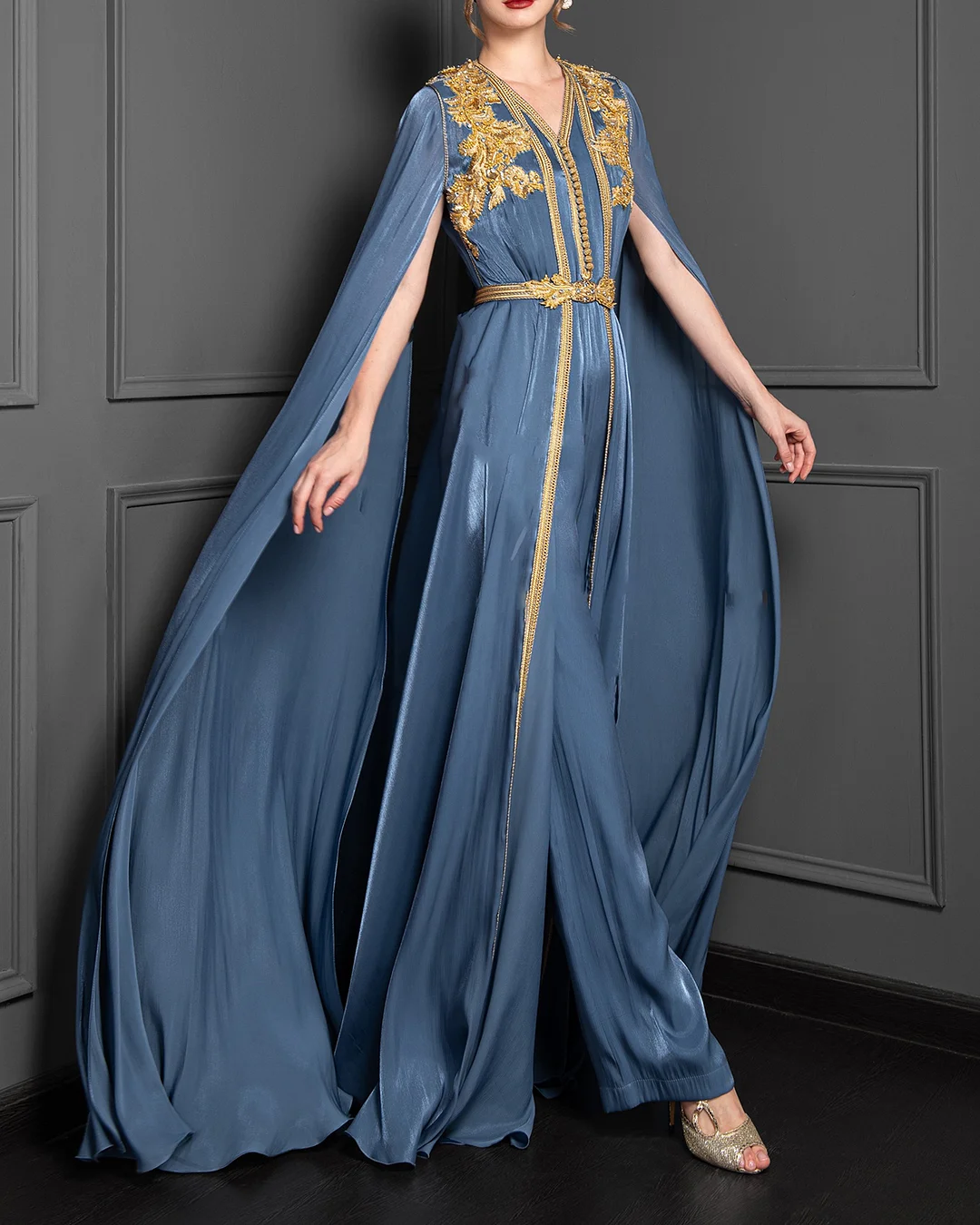 Women's V Neck Shawl Embroidered Dress
