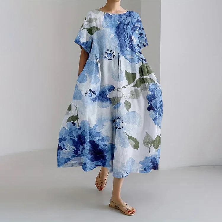 VChics Floral Print Round Neck Short Sleeve Loose Midi Dress