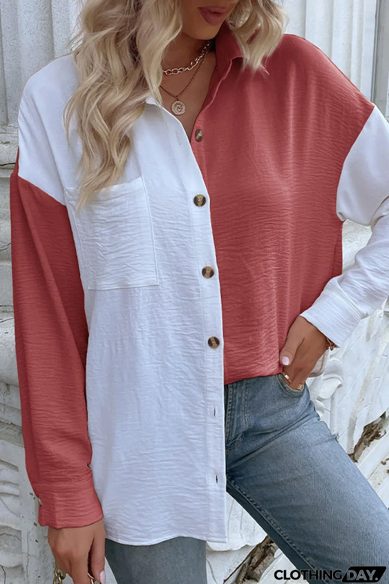 Elegant Color Block Pocket Contrast Turndown Collar Tops
