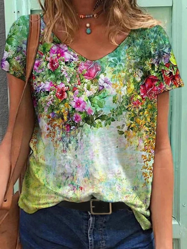 Flower painting short-sleeved shirt and top