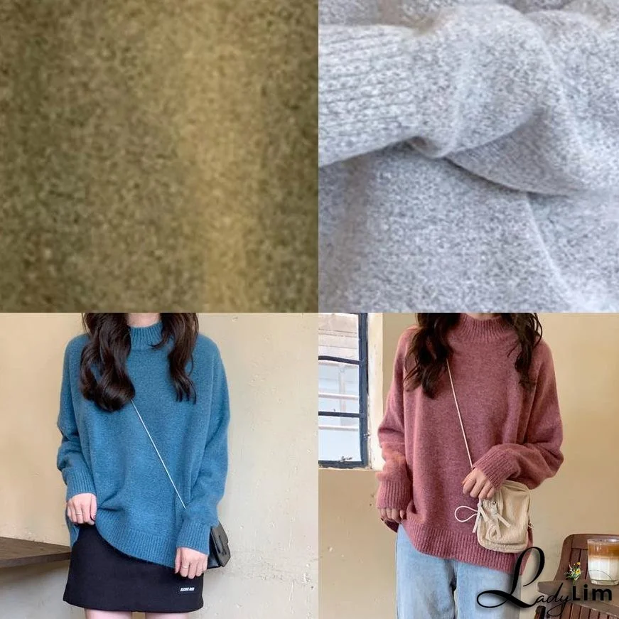 Comfy Fall Green Sweater Tops Plus Size High Neck Knit Blouse