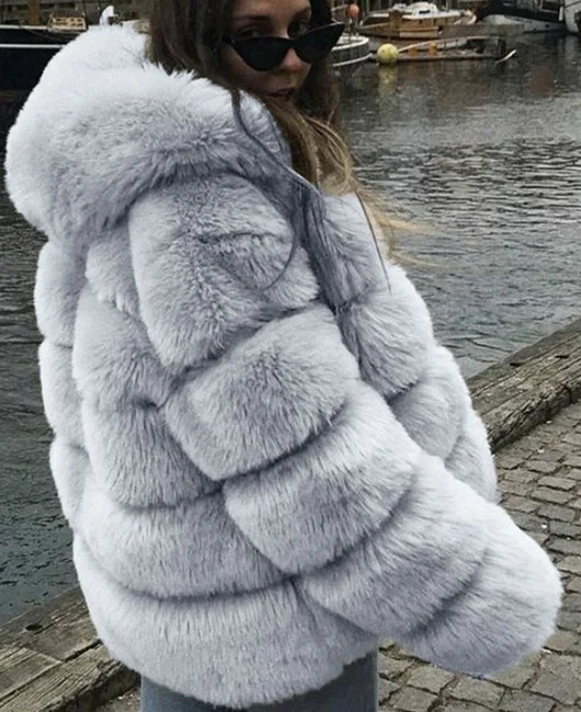 LADYSY Fox Fur Hooded Casual Fashion Jacket 