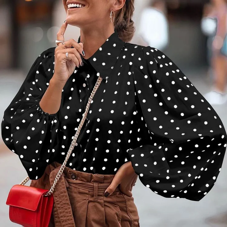 New Office Lady White Blouse Shirt Women Polka Dot Lantern Sleeve Women Blouses Tops Plus Size Loose Female Shirt Blusas 12372