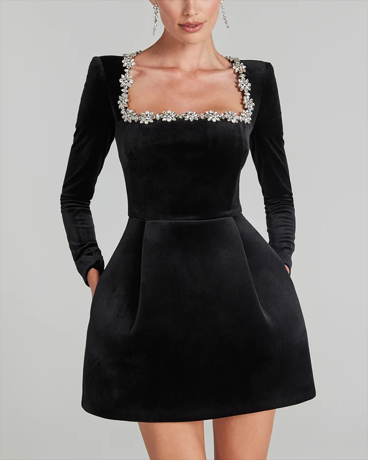 Women's Black Long Sleeve Square Neck Mini Dress ​