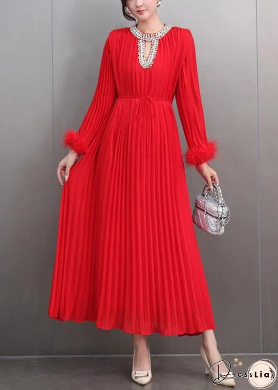 Italian Red O-Neck Wrinkled Patchwork Zircon Maxi Dresses Spring