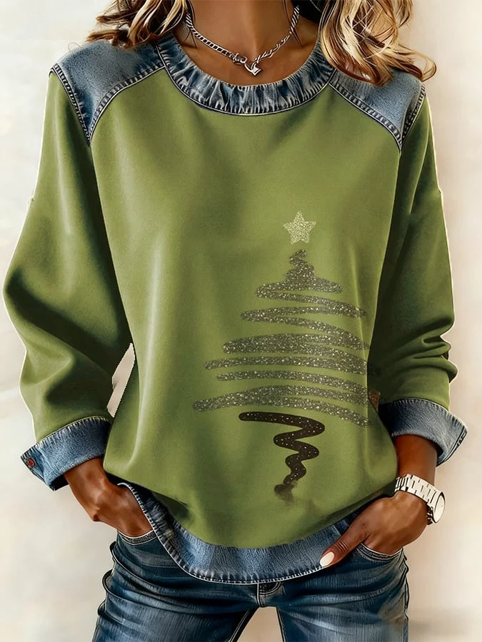Women's Casual Retro Christmas Fleece-Lined Color-Blocked Sweatshirt 