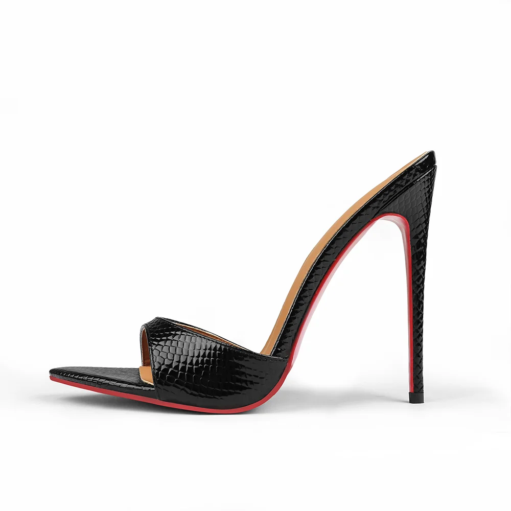 120mm/4.72 Inch Women's Sandals Pointed Toe Black Snakeskin Mules High Heels Slip on Red Bottom Party Stilettos