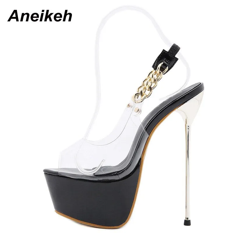 Aneikeh Women's Pumps NEW 2021 Summer Fashion Leisure PVC Metal Decoratio Wedding Slingbacks Ladies Shoes 34-40 Zapatos De Mujer