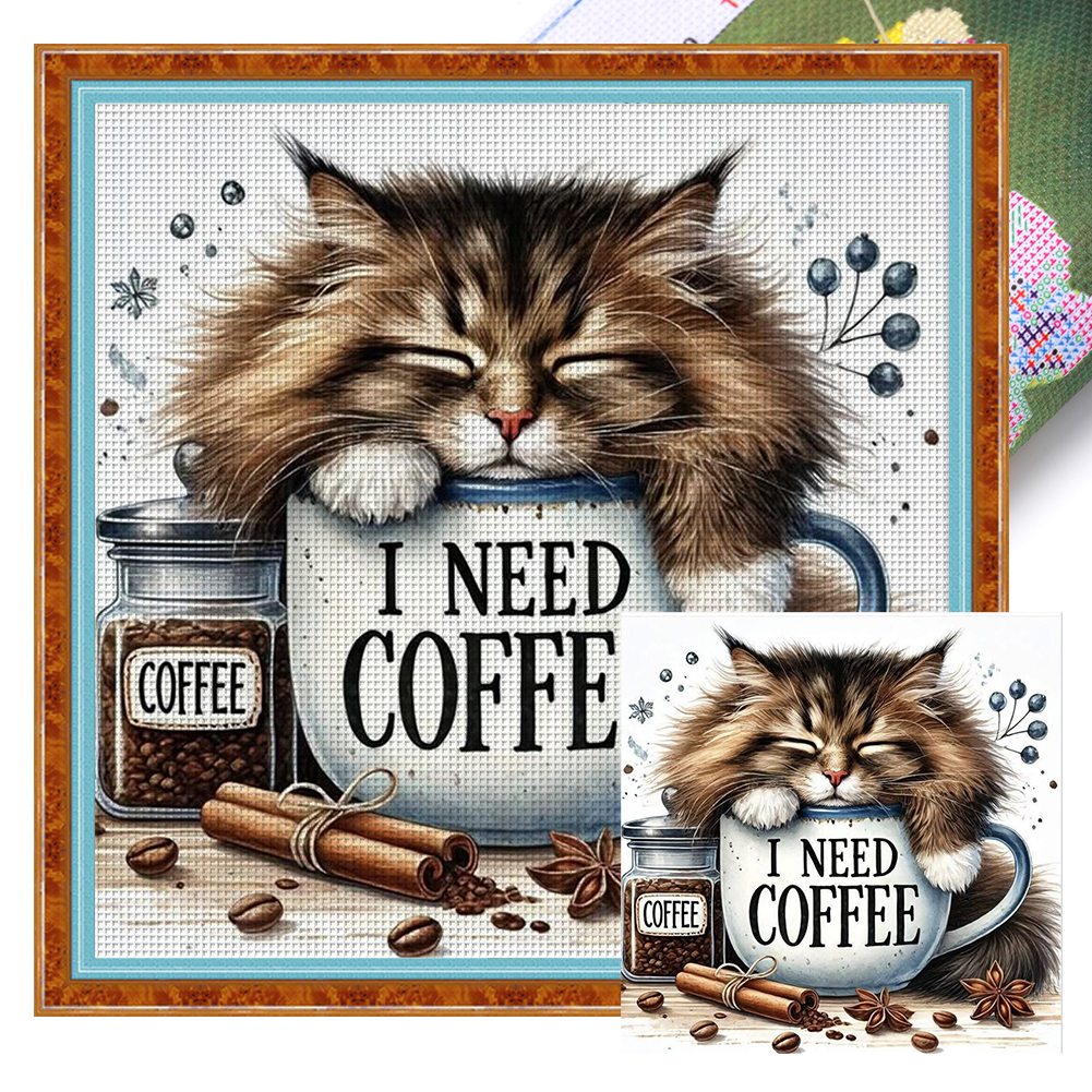Coffee Kitten Full 11CT Pre-stamped Canvas(40*40cm) Cross Stitch