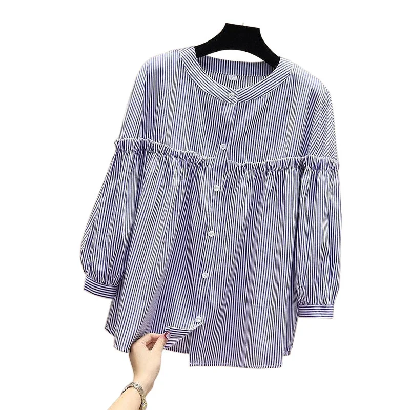 Athvotar Athvotar 2025 Spring And Autumn Korean Version Of The Round-Necked Women's Shirt Age-Old Doll Shirt Fashion Casual Thin Nine-Sleeved Lace Shirt