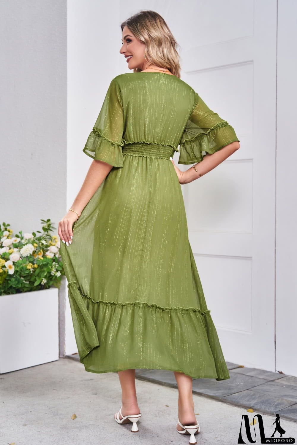 MidiSono - V-Neck Flounce Sleeve Smocked Waist High Slit Dress
