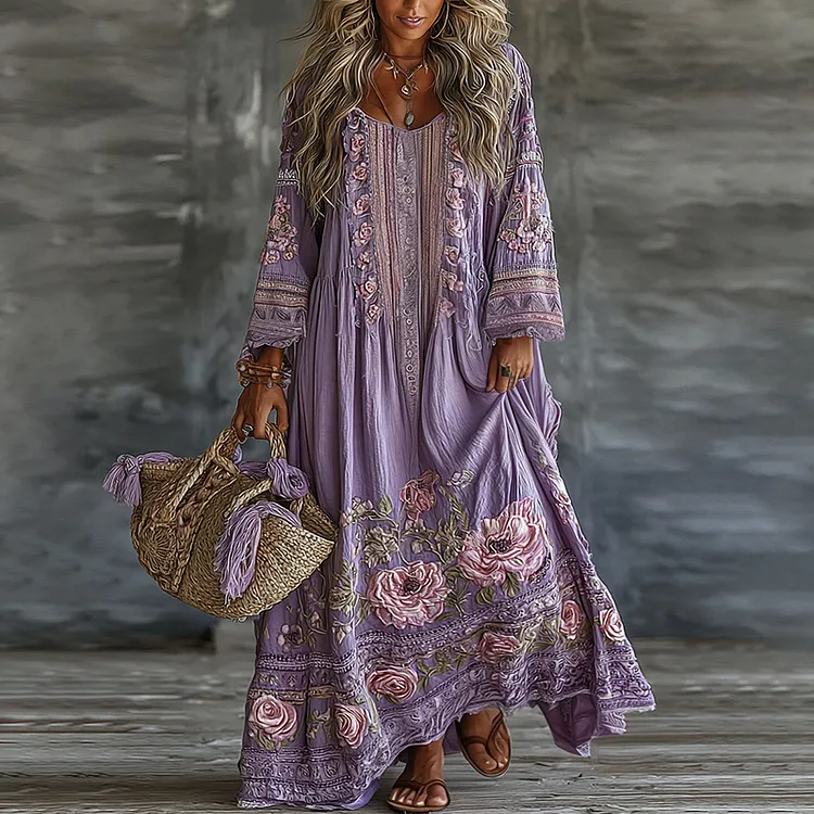 Women's Vintage Floral Art Flowy Linen Blend Casual Long Sleeve Maxi Dress