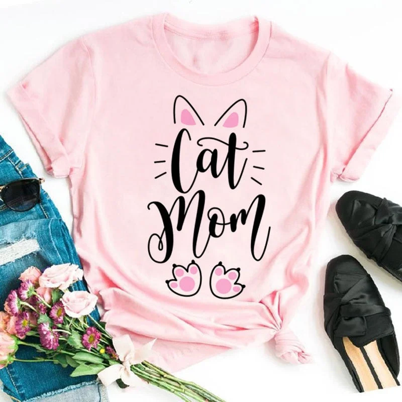 Cat MOM Women's Top Summer Fashion Short-sleeved Cat and Dog Paw Print Girl T-shirt Female Y2K Clothes,Drop Ship