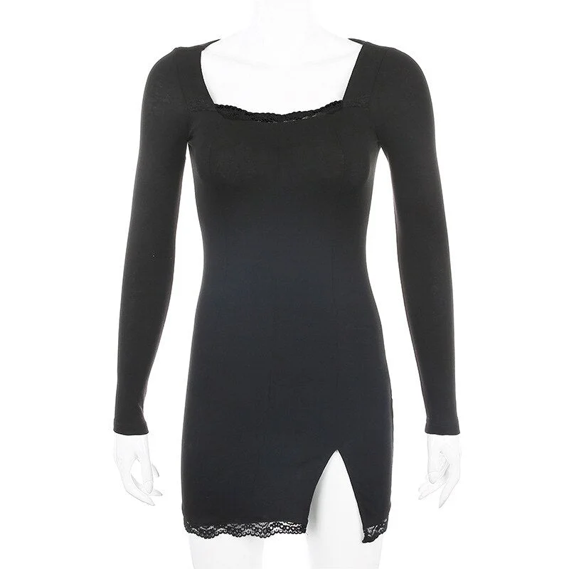 Dress Women Women Winter 2020 New Arrivals Sexy Long Sleeve Square Neck Lace Split Black White Solid Party Dresses Vestidos