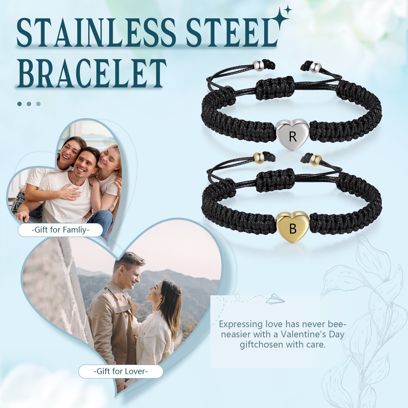 2 PCS Couple Braided Bracelet Set Custom 2 Letters Bracelet Engraved Beads Adjustable Bracelet Valentine's Day Gift for Him/Her-Jessemade AU