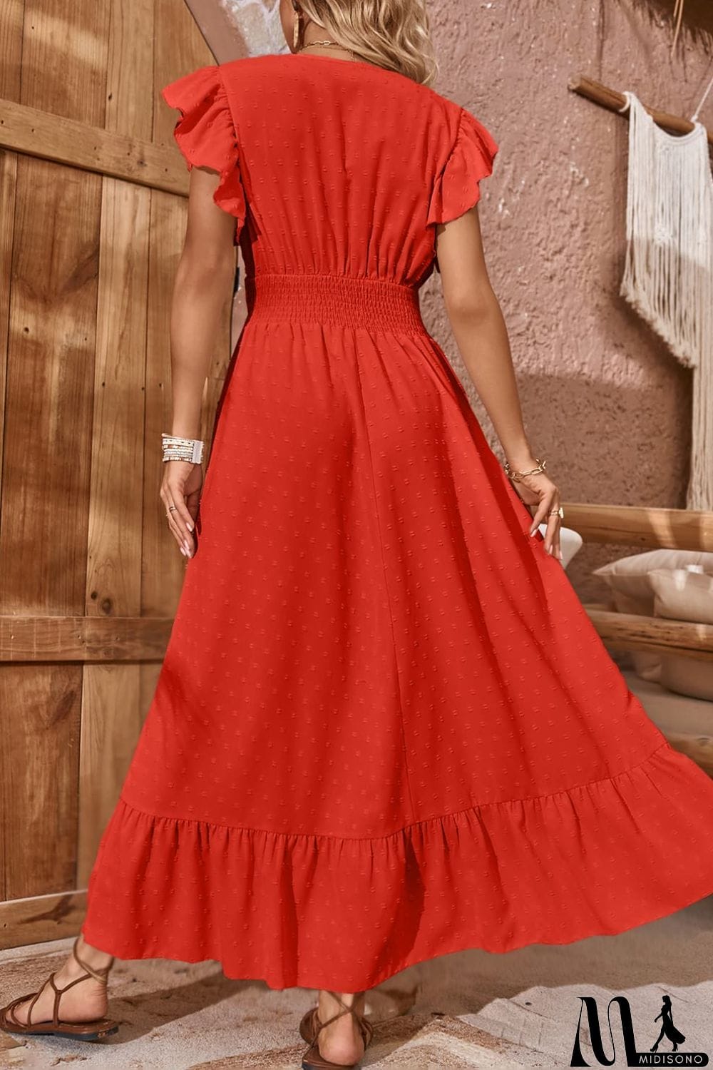 MidiSono - Swiss Dot V-Neck Flutter Sleeve Dress