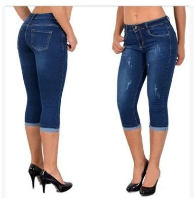 Uveng Uveng 2023 High-Waisted Simple Design Pocket Decoration Large-Size Roll-Over Denim Seven-Point Trousers