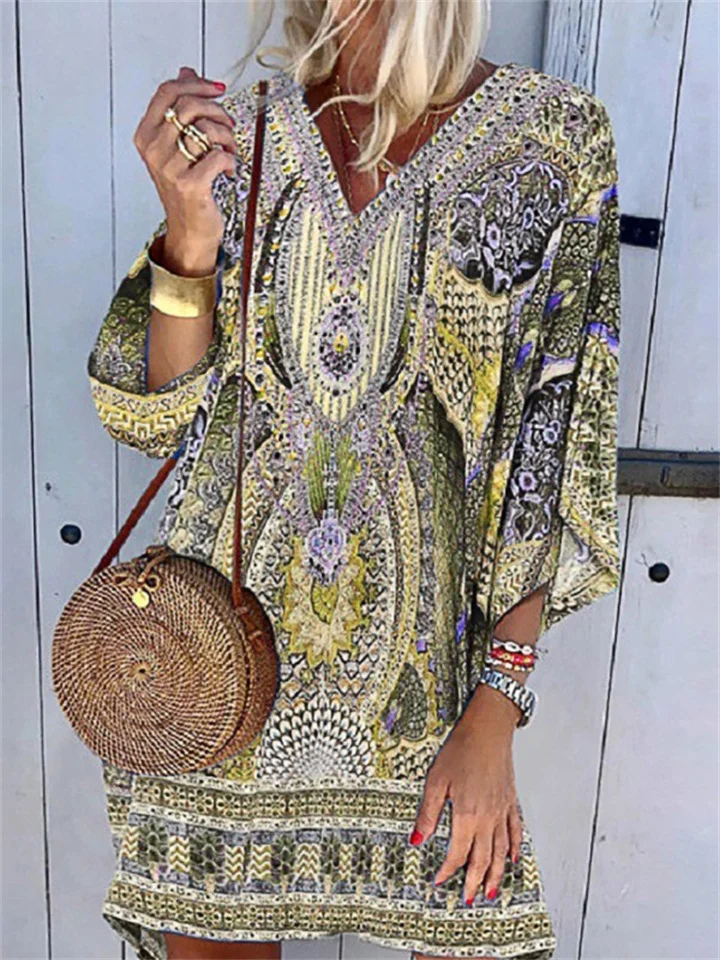 Bohemian V-Neck Long Sleeve Printed Casual Dress | IFYHOME