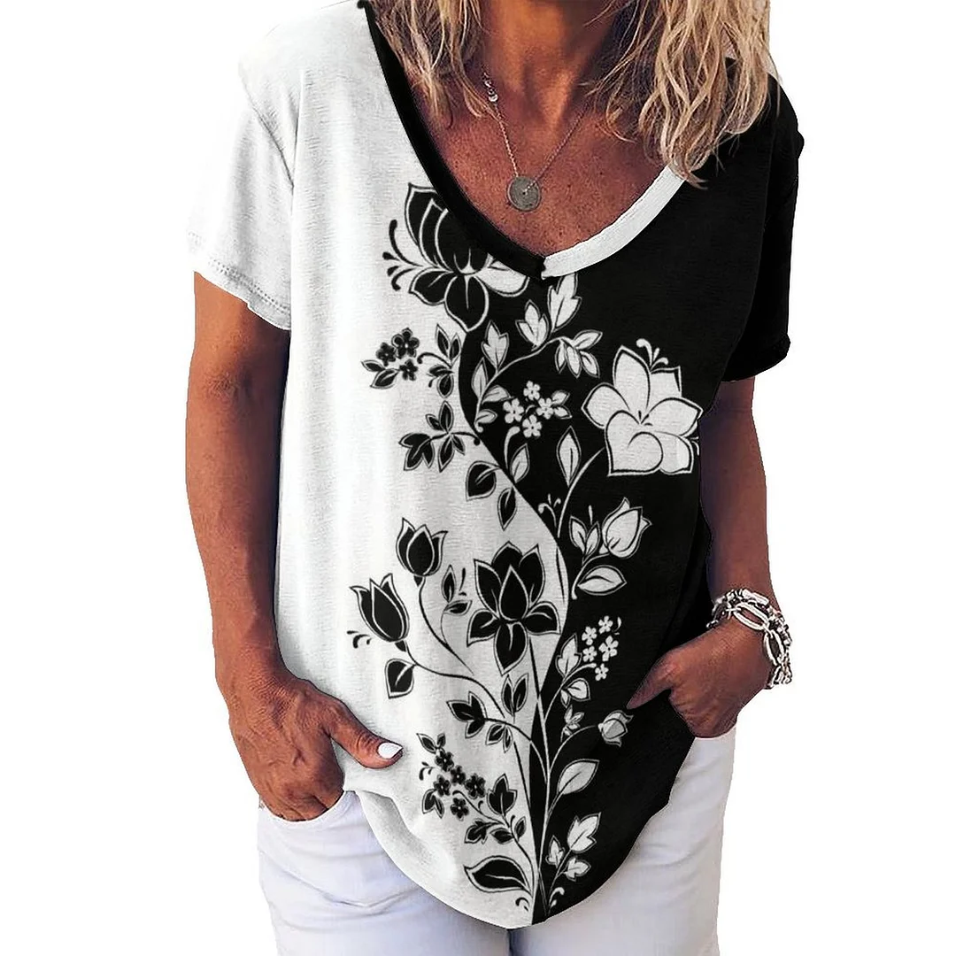 V-neck Short Sleeve Casual T-shirt for  Women Printed with Pattern Black, Floral, White