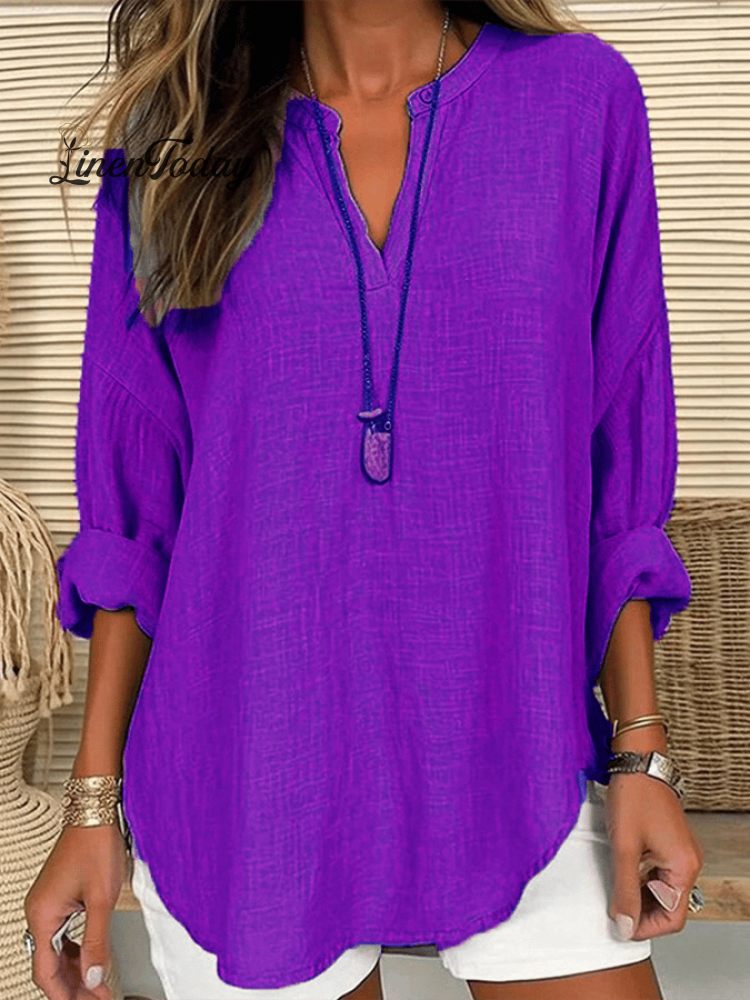 Women’s Cotton Long Sleeve Round Neck Solid Color Loose Beach Shirt Purple / S