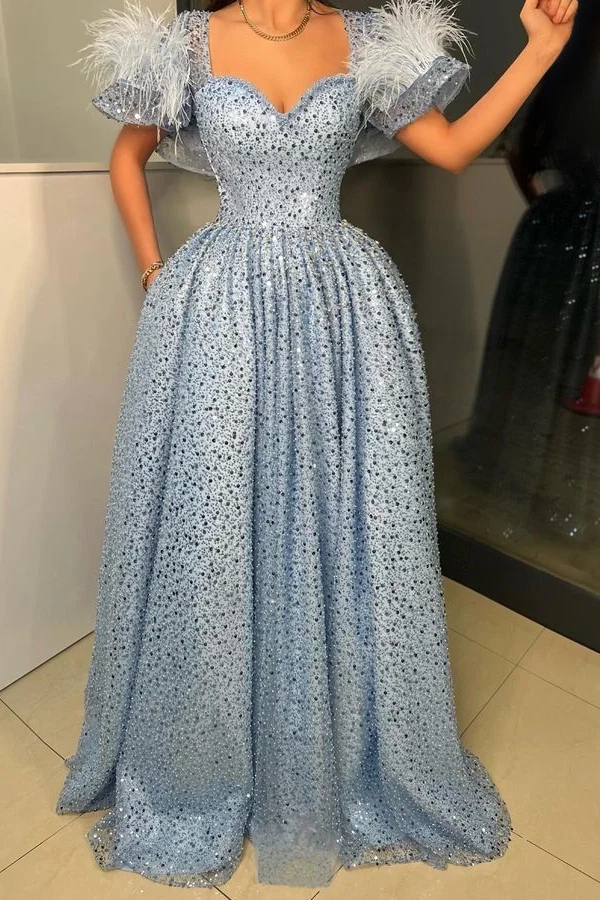 New Arrival Light Blue Short Sleeves Prom Dress Feather With Sequins Beads - lulusllly