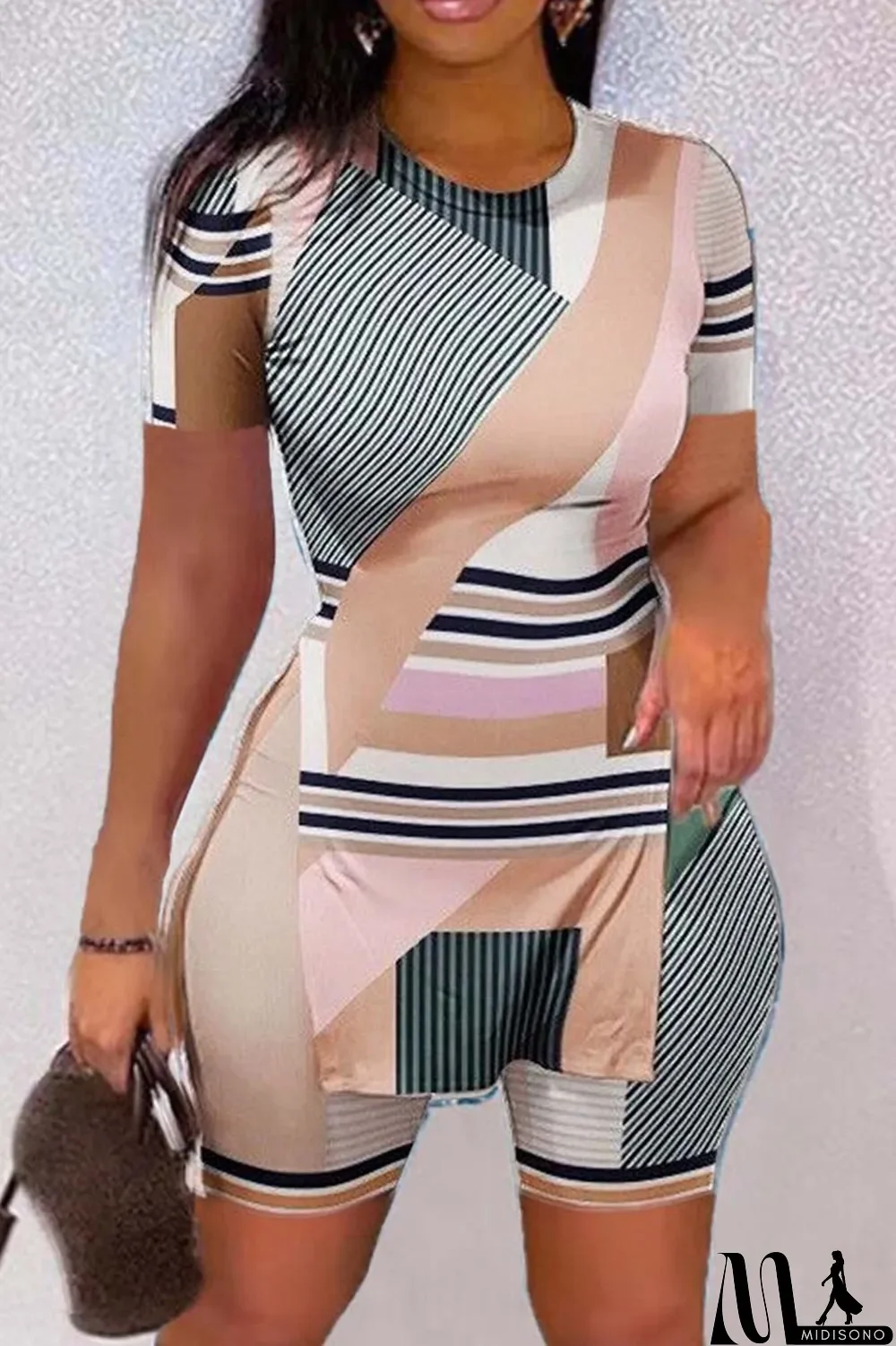 MidiSono - Apricot Casual Print Slit O Neck Short Sleeve Two Pieces
