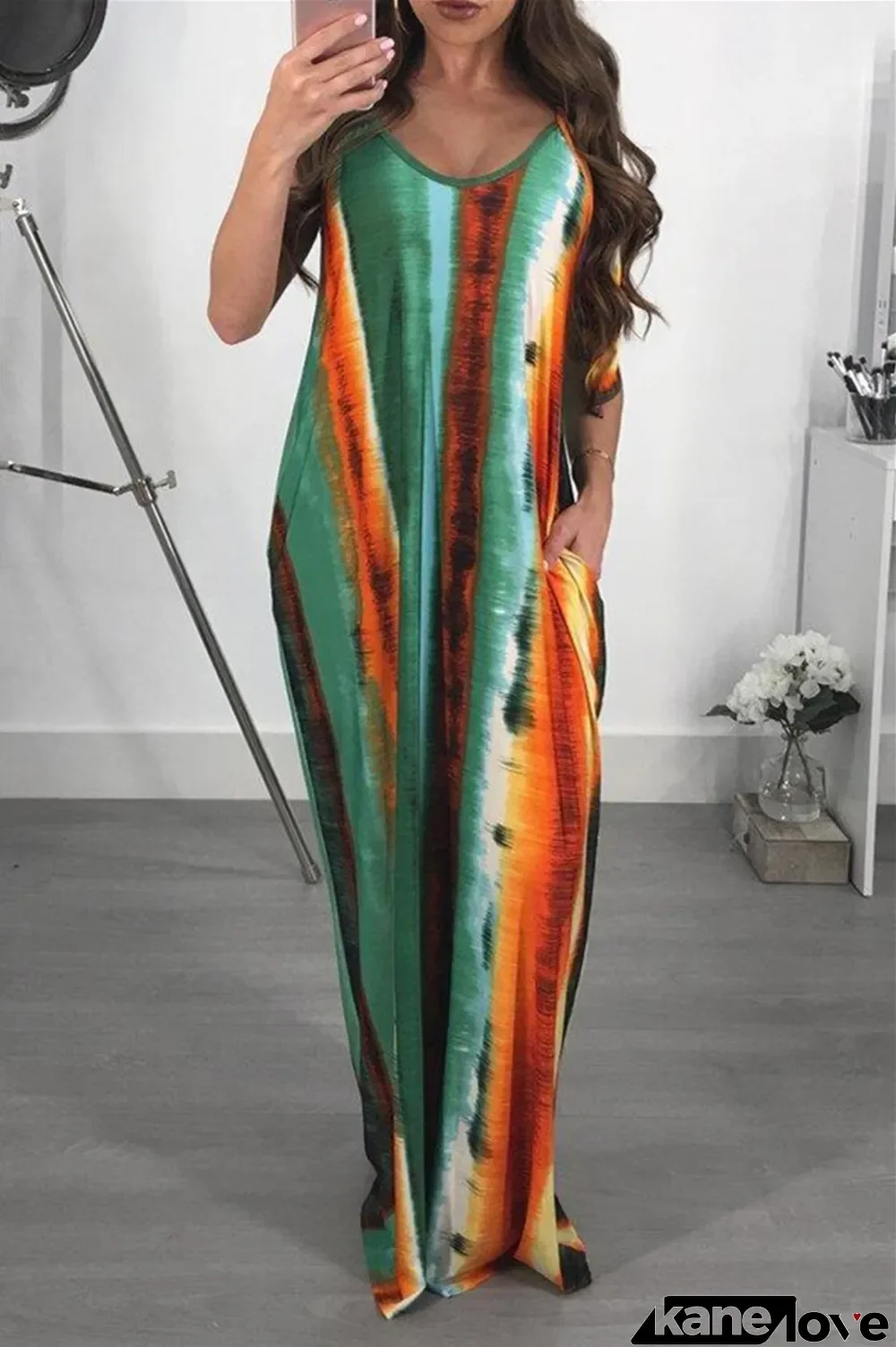 Orange Green Sexy Casual Print Basic O Neck Loose Sling Dress