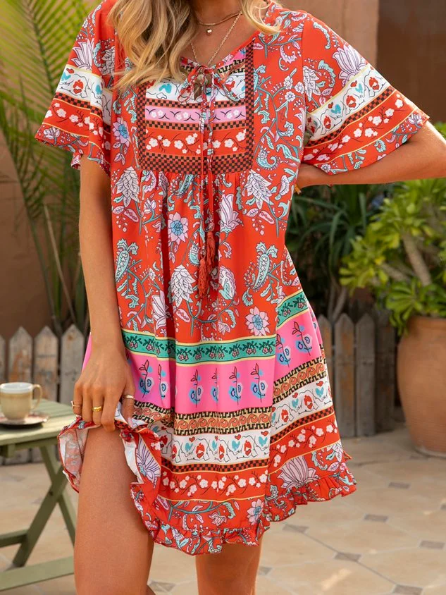 Resort Floral-Print Short Sleeve Weaving beach dresses
