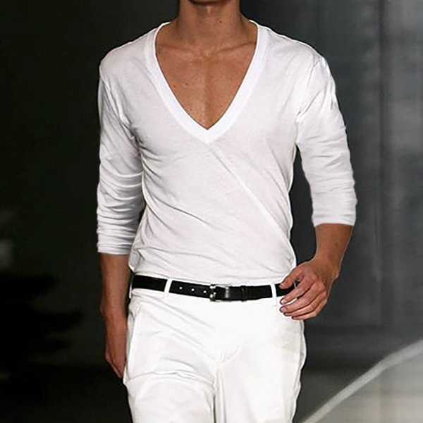 Men's Basic White Deep V-Neck Cotton Long Sleeve T-Shirt
