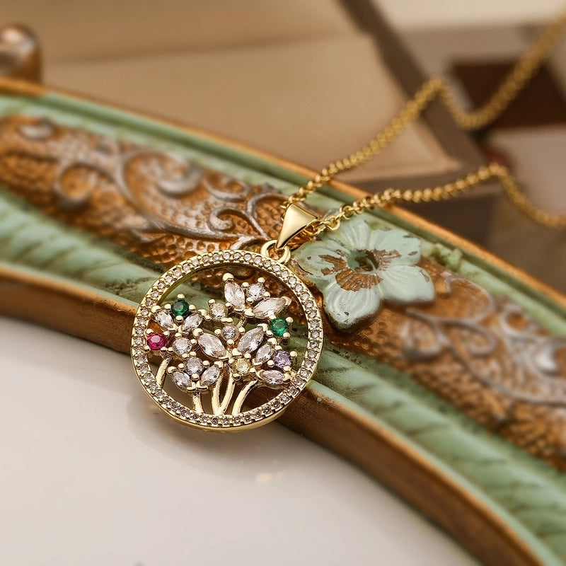 Minimalist Commute Bc1035 Lucky Tree Copper Plating Inlay Zircon 18k Gold Plated Pendant Necklace