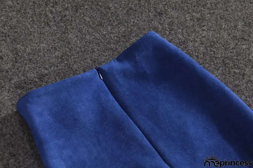 Winter Blue Velour Back Slit High Waist Pencil Skirt